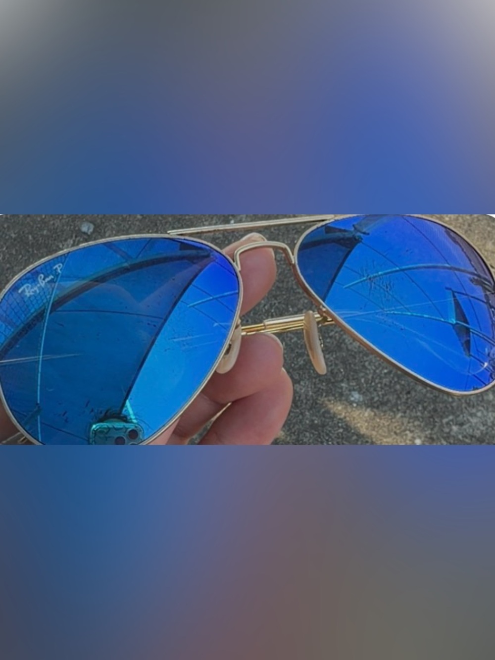 Ray-Ban Gold Frame Aviator Sunglasses with Blue Mirrored Lenses